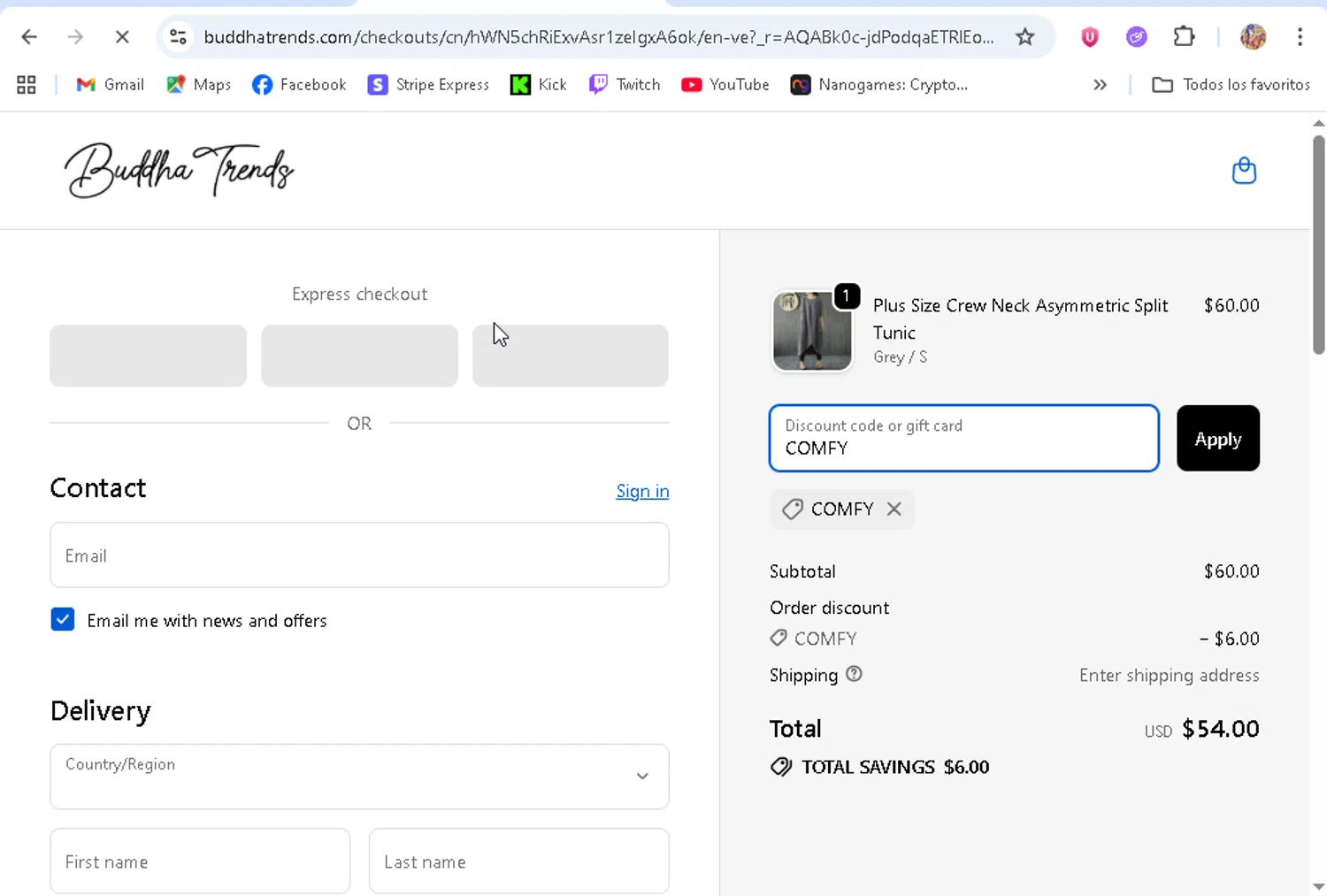 Buddha Trends discount code screenshot showing code COMFY applied at Buddha Trends checkout page. Uploaded by SimplyCodes community member ronaldhernandez on Nov 23, 2025