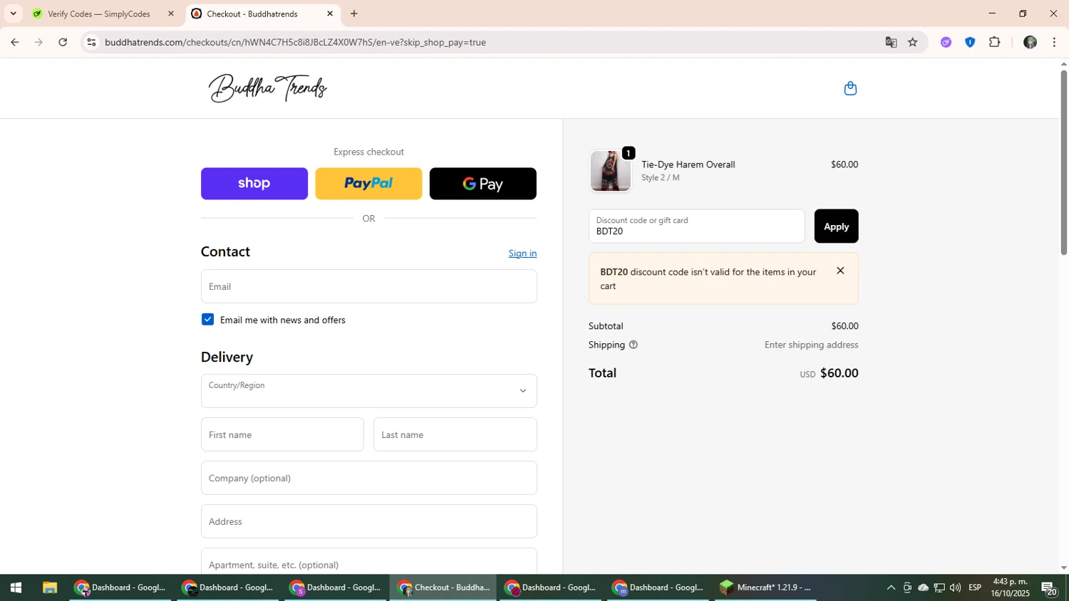 Buddha Trends discount code screenshot showing code BDT20 applied at Buddha Trends checkout page. Uploaded by SimplyCodes community member CleverLynx6871 on Oct 16, 2025