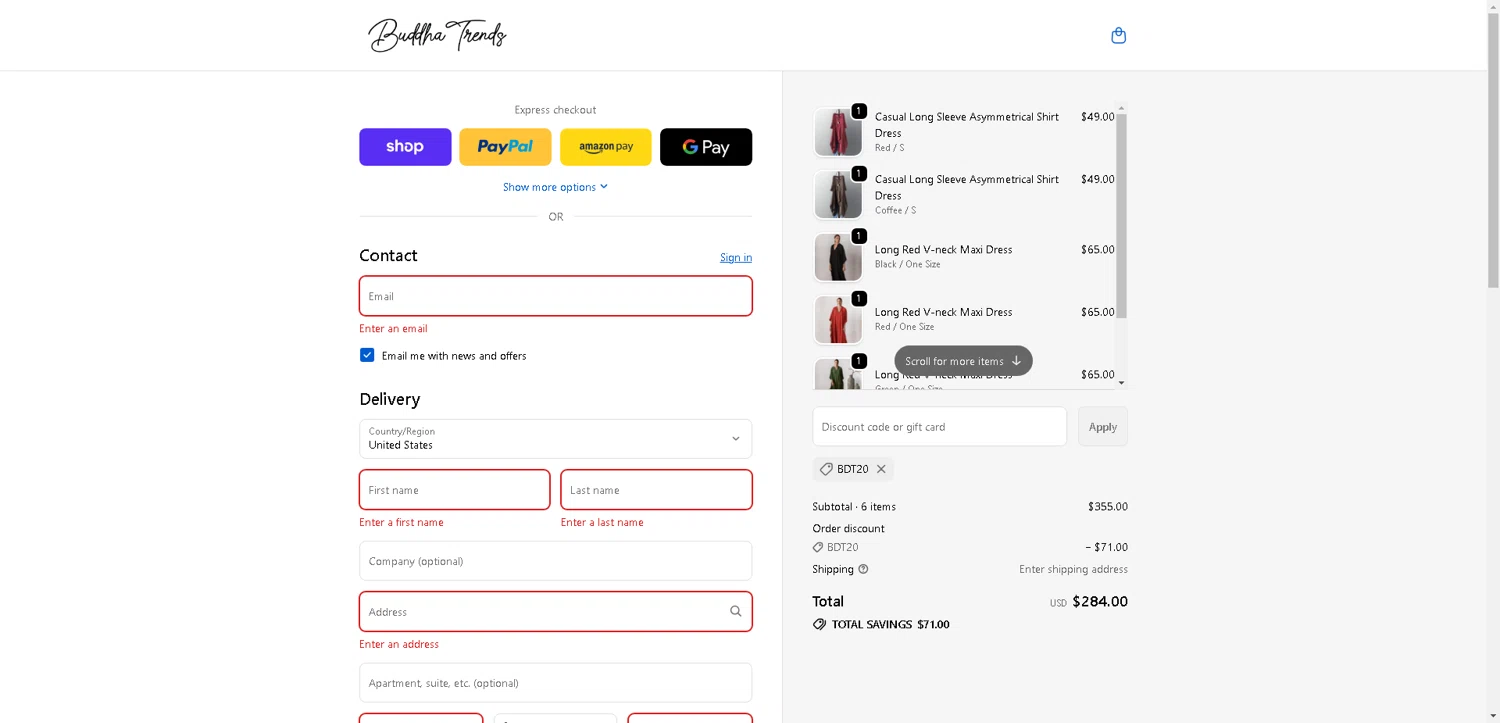 Buddha Trends discount code screenshot showing code BDT20 applied at Buddha Trends checkout page. Uploaded by SimplyCodes community member ValueWarden2887 on Oct 13, 2025