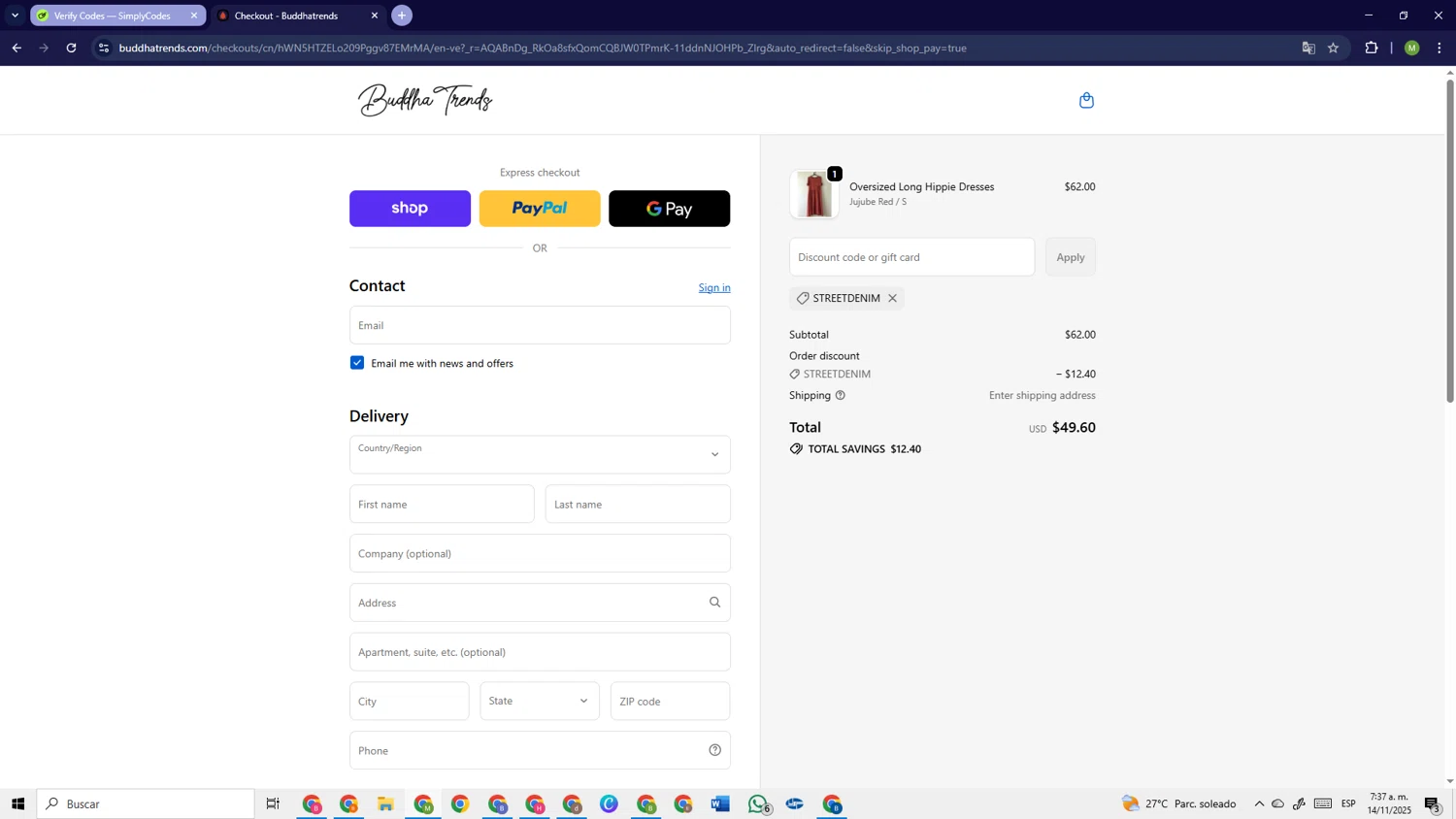 Buddha Trends discount code screenshot showing code STREETDENIM applied at Buddha Trends checkout page. Uploaded by SimplyCodes community member PrimeSage6924 on Nov 14, 2025