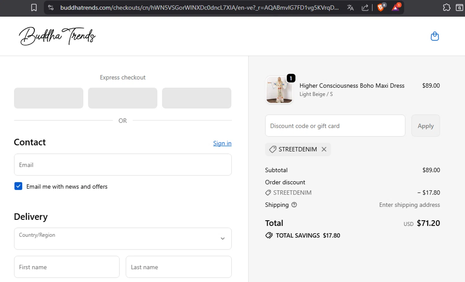Buddha Trends discount code screenshot showing code STREETDENIM applied at Buddha Trends checkout page. Uploaded by SimplyCodes community member daniela17 on Nov 20, 2025