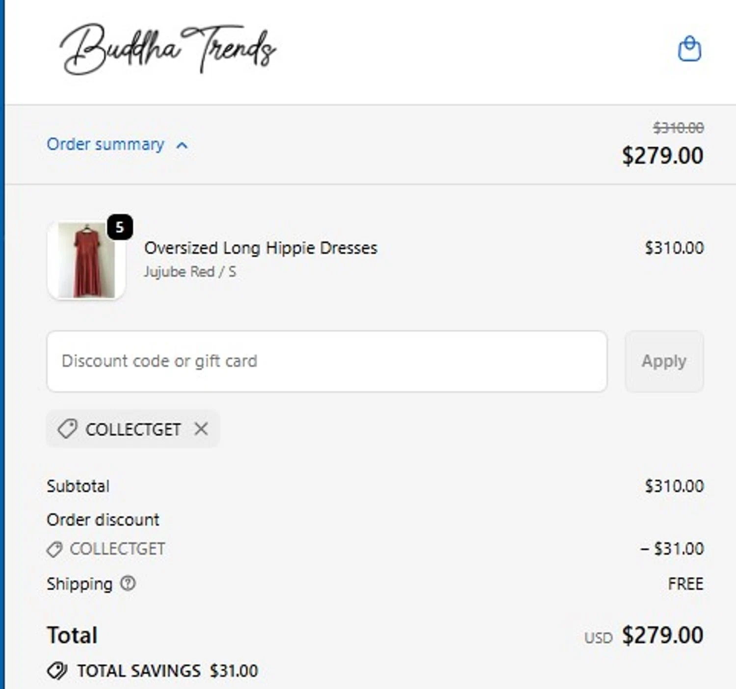 Buddha Trends discount code screenshot showing code collectget applied at Buddha Trends checkout page. Uploaded by SimplyCodes community member Eugeni on Dec 26, 2025