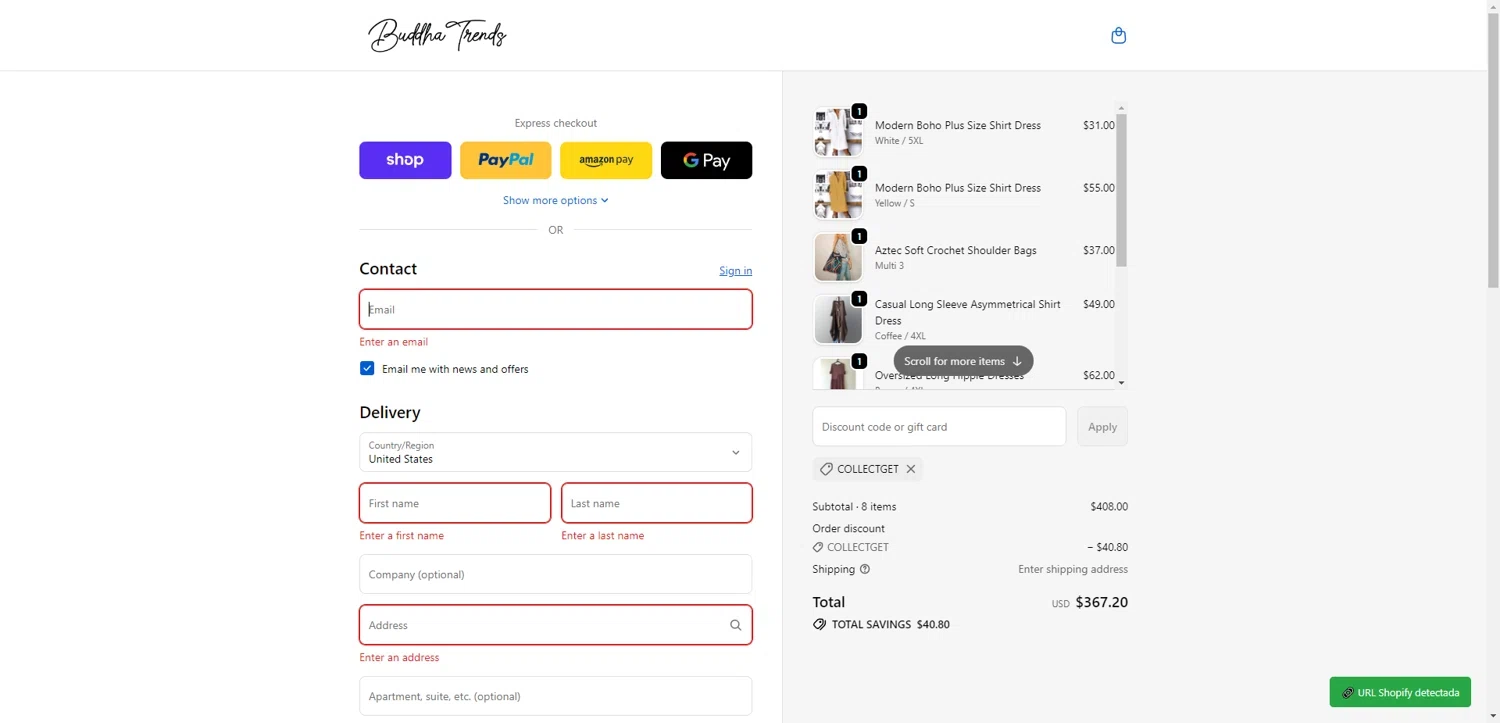 Buddha Trends discount code screenshot showing code collectget applied at Buddha Trends checkout page. Uploaded by SimplyCodes community member LOgoter on Dec 26, 2025