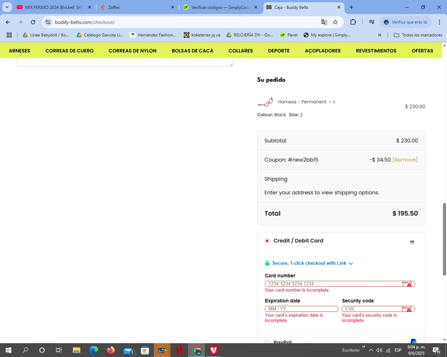 Buddy Belts coupon code screenshot showing code #NEW2BB15 applied at Buddy Belts checkout page. Uploaded by SimplyCodes community member Damo_gg on Jun 9, 2025