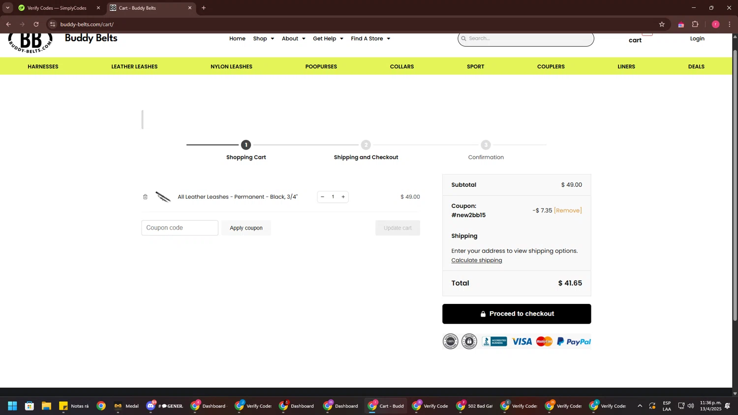 Buddy Belts checkout page showing Buddy Belts coupon code box | Screenshot taken by SimplyCodes community member on Apr 14, 2025