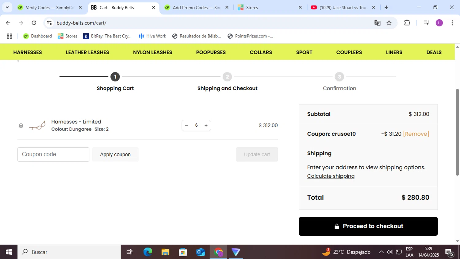 Buddy Belts checkout page showing Buddy Belts coupon code box | Screenshot taken by SimplyCodes community member on Apr 14, 2025