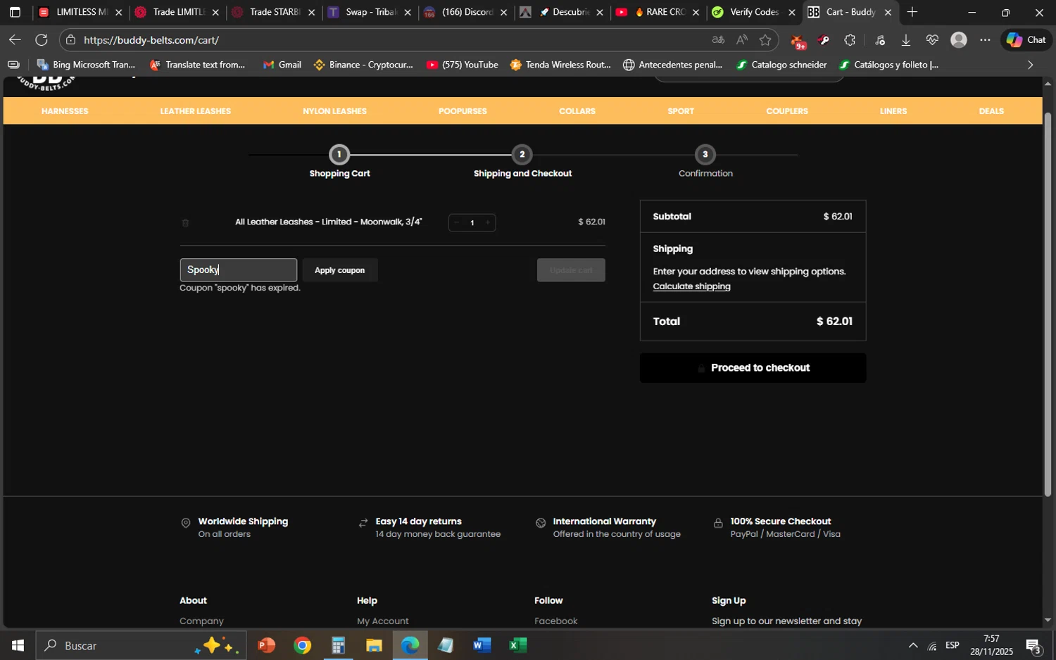 Buddy Belts coupon code screenshot showing code Spooky applied at Buddy Belts checkout page. Uploaded by SimplyCodes community member SaskeUchiha on Nov 28, 2025