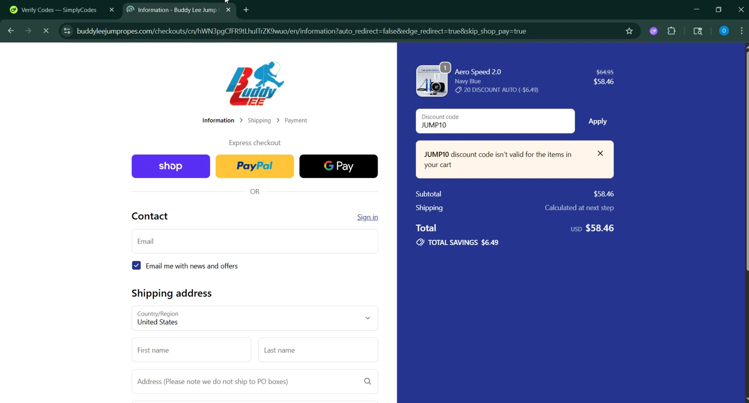 Buddy Lee Jump Ropes promo code screenshot showing code JUMP10 applied at Buddy Lee Jump Ropes checkout page. Uploaded by SimplyCodes community member GoldChaser6627 on Oct 7, 2025