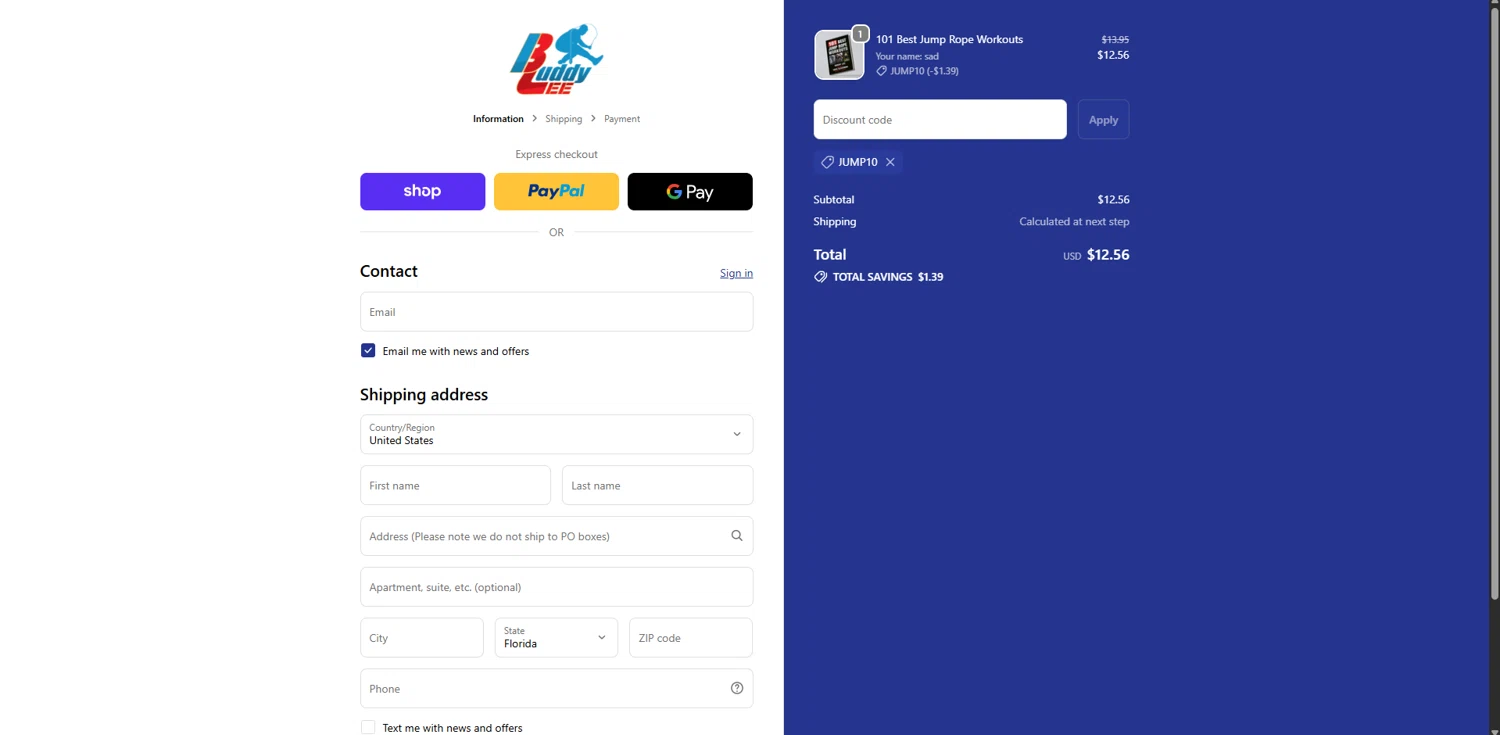 Buddy Lee Jump Ropes promo code screenshot showing code JUMP10 applied at Buddy Lee Jump Ropes checkout page. Uploaded by SimplyCodes community member RebatePioneer1295 on Oct 11, 2025
