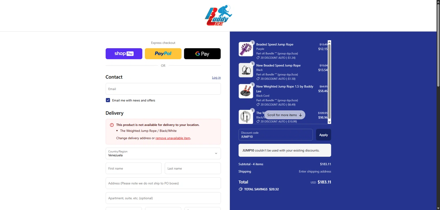 Buddy Lee Jump Ropes promo code screenshot showing code JUMP10 applied at Buddy Lee Jump Ropes checkout page. Uploaded by SimplyCodes community member VoucherVirtuoso5207 on Jul 2, 2025