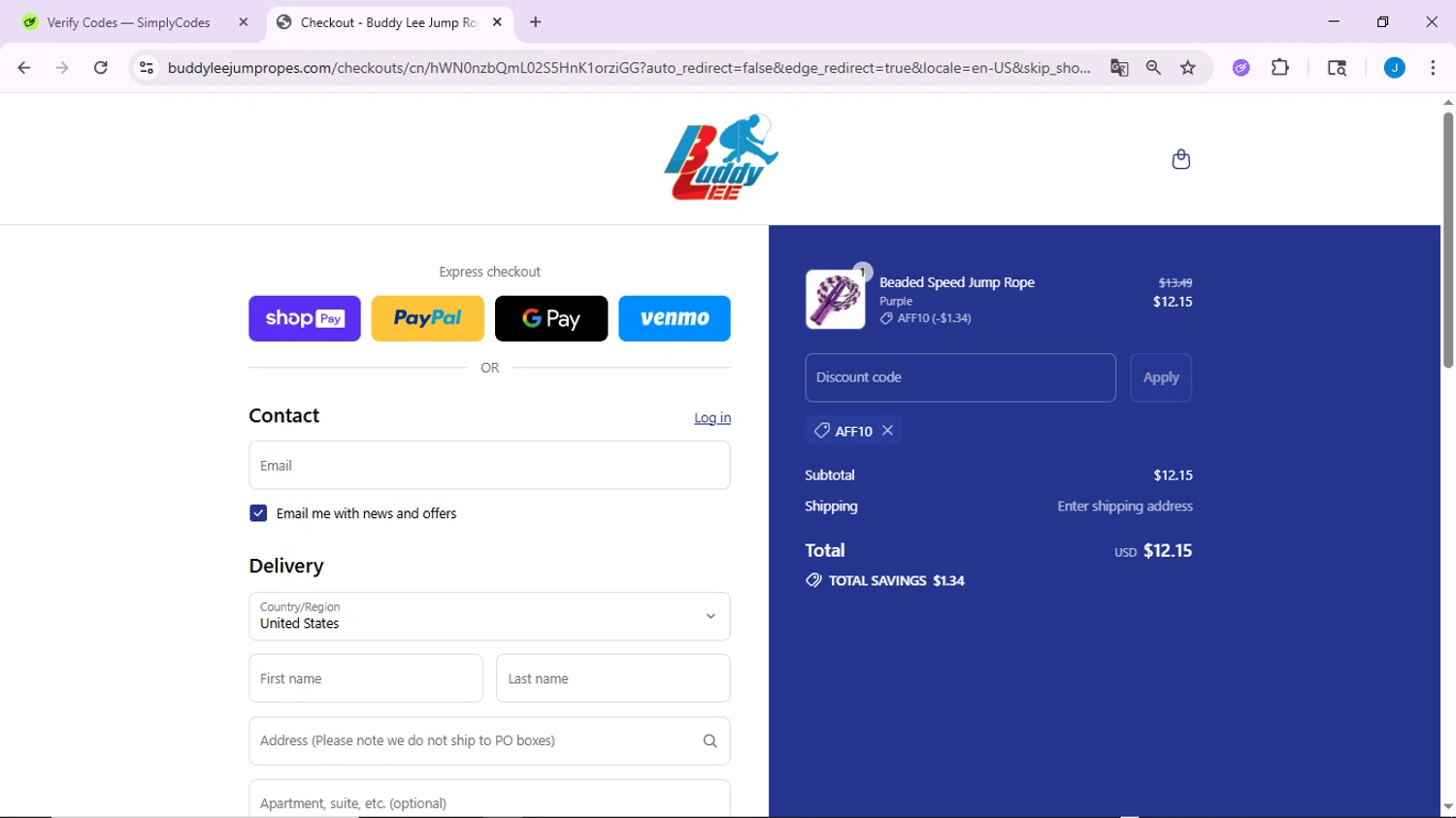 Buddy Lee Jump Ropes promo code screenshot showing code AFF10 applied at Buddy Lee Jump Ropes checkout page. Uploaded by SimplyCodes community member CodeLynx3161 on Jul 19, 2025