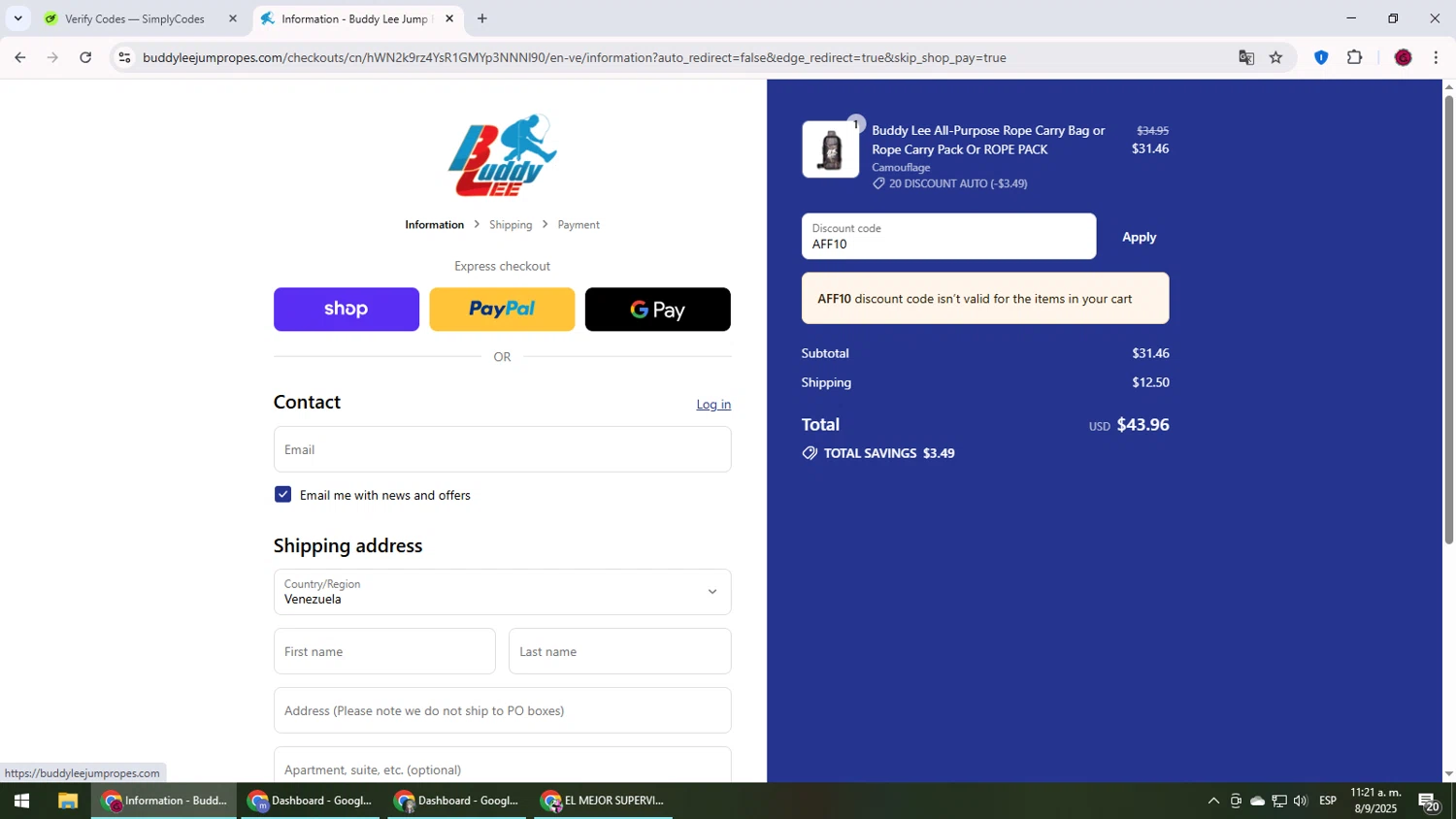 Buddy Lee Jump Ropes promo code screenshot showing code AFF10 applied at Buddy Lee Jump Ropes checkout page. Uploaded by SimplyCodes community member MightyLegend6657 on Sep 8, 2025