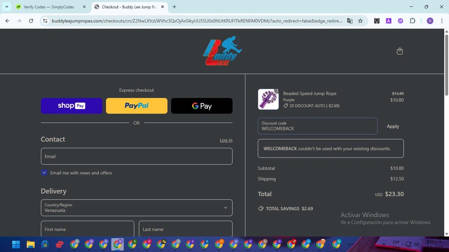 Buddy Lee Jump Ropes promo code screenshot showing code WELCOMEBACK applied at Buddy Lee Jump Ropes checkout page. Uploaded by SimplyCodes community member SavingsGuardian5156 on Jun 19, 2025