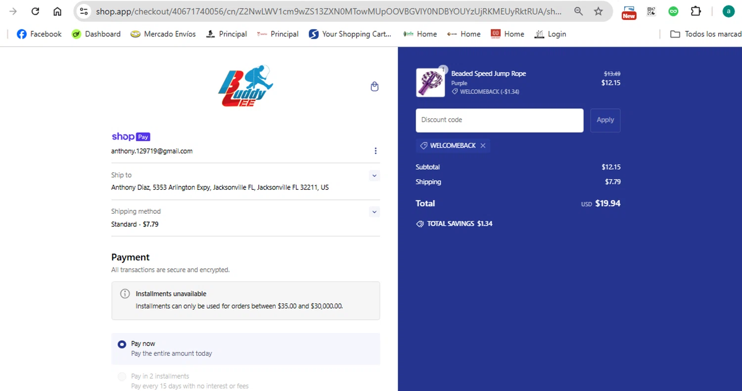 Buddy Lee Jump Ropes promo code screenshot showing code WELCOMEBACK applied at Buddy Lee Jump Ropes checkout page. Uploaded by SimplyCodes community member anthonydiaz1 on Mar 1, 2025
