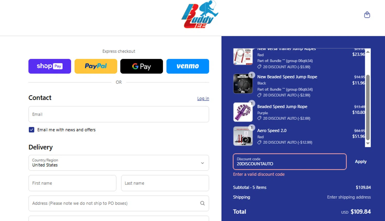 Buddy Lee Jump Ropes promo code screenshot showing code 20DISCOUNTAUTO applied at Buddy Lee Jump Ropes checkout page. Uploaded by SimplyCodes community member gilbertrondon on Jun 5, 2025