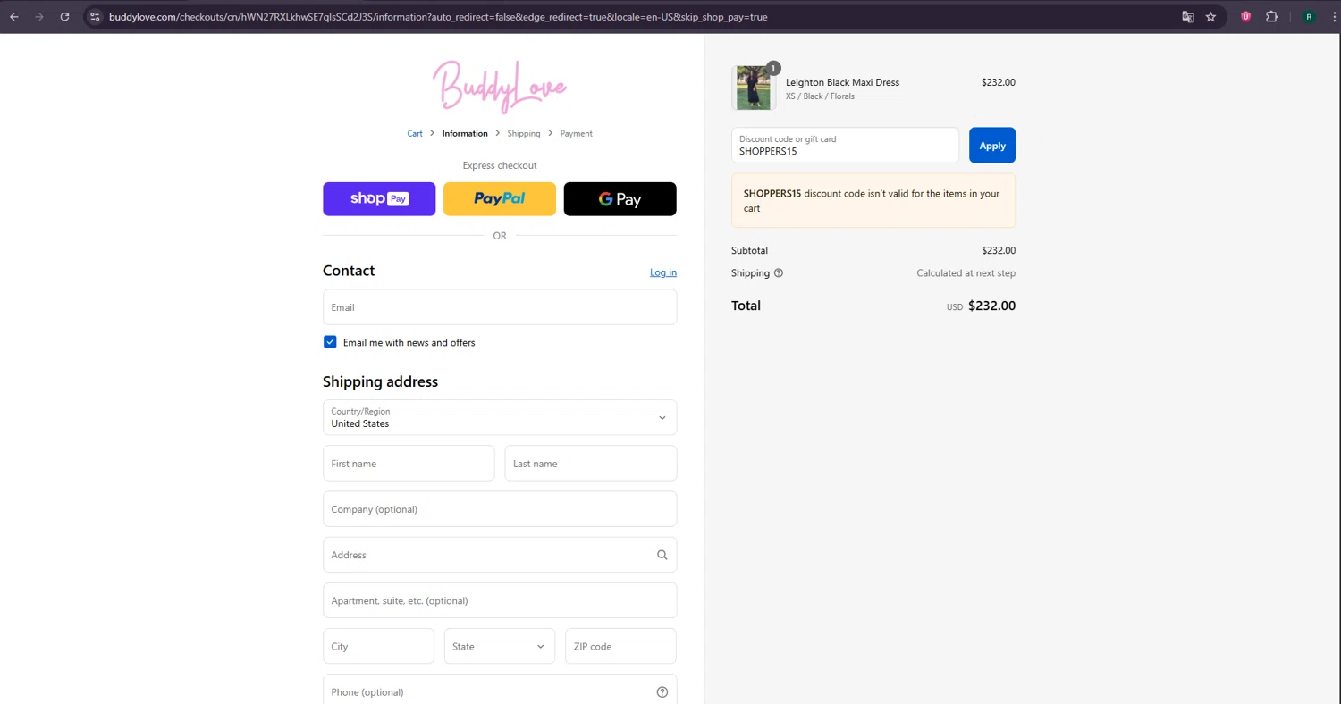 Buddy Love discount code screenshot showing code SHOPPERS15 applied at Buddy Love checkout page. Uploaded by SimplyCodes community member SavvyHawk5598 on Aug 23, 2025