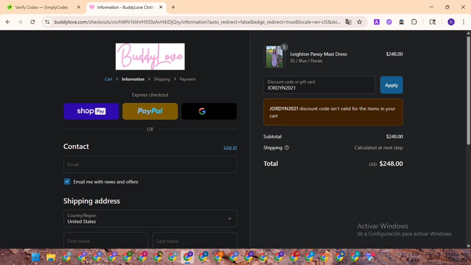 Buddy Love discount code screenshot showing code JORDYN2021 applied at Buddy Love checkout page. Uploaded by SimplyCodes community member MagnificentFinder9583 on Aug 13, 2025