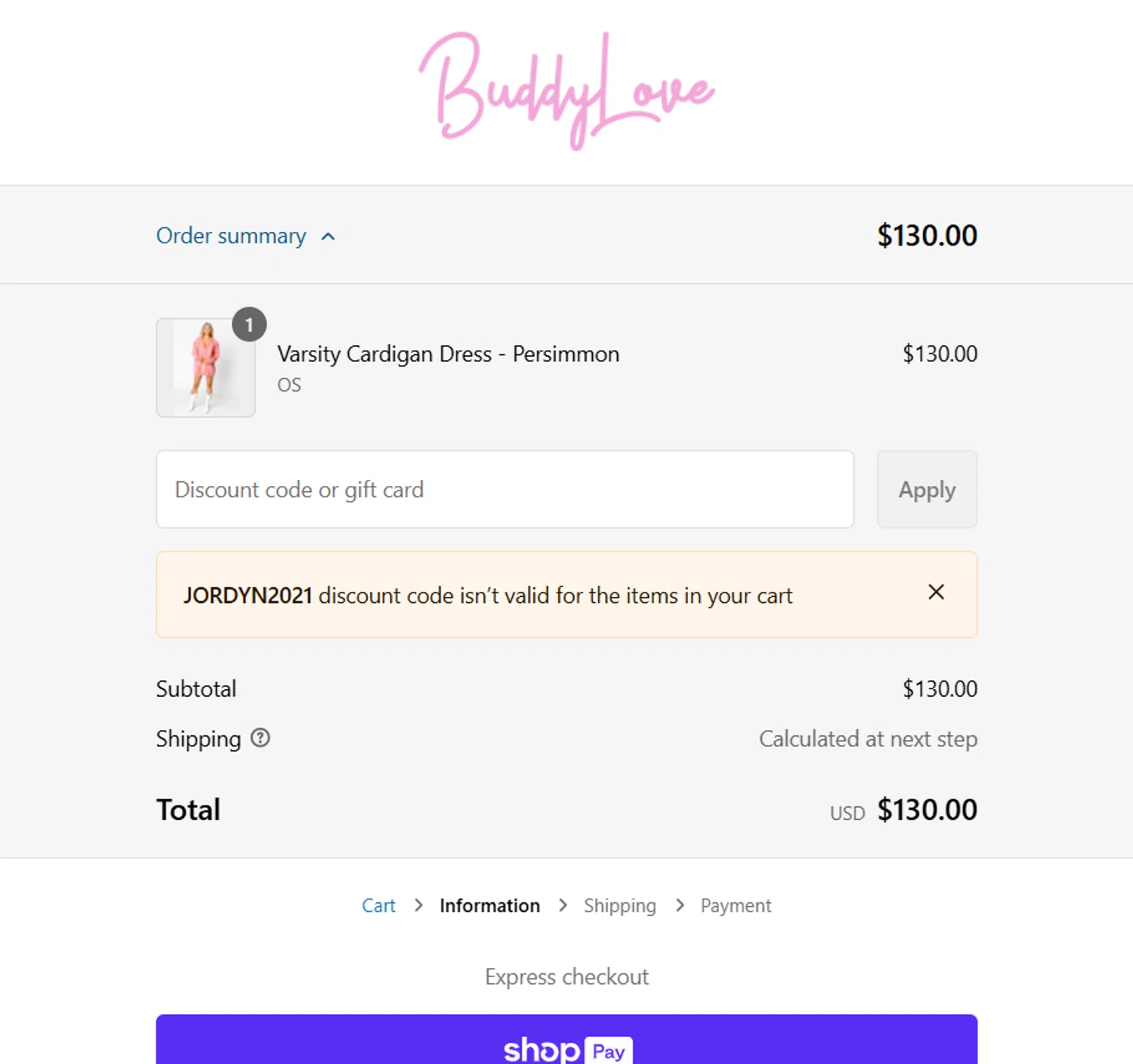 Buddy Love discount code screenshot showing code JORDYN2021 applied at Buddy Love checkout page. Uploaded by SimplyCodes community member QueTeImporta on Feb 4, 2025