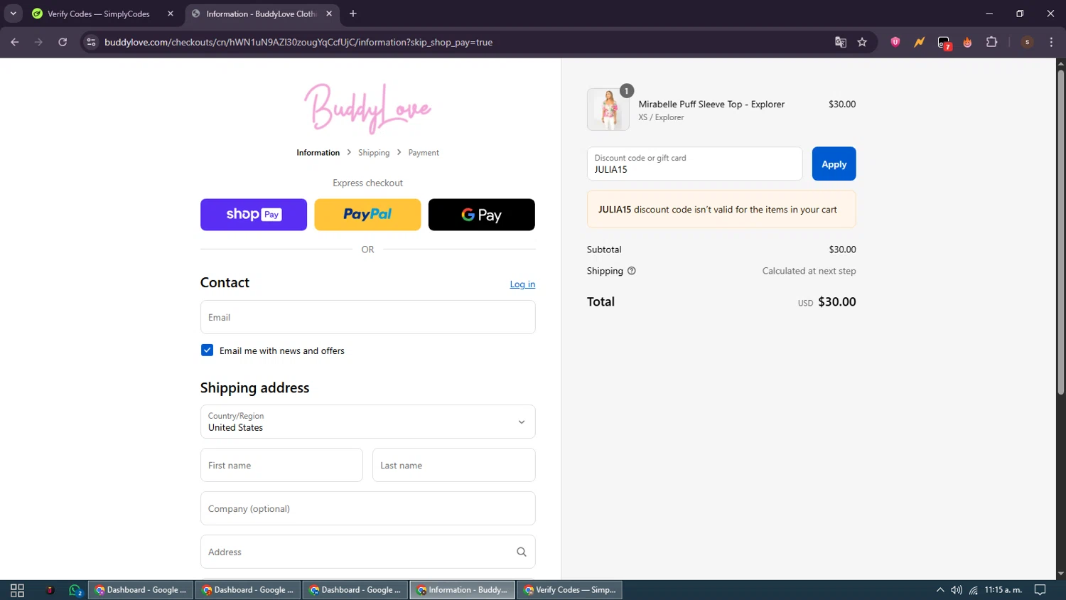 Buddy Love discount code screenshot showing code JULIA15 applied at Buddy Love checkout page. Uploaded by SimplyCodes community member GoldSentinel1426 on Aug 17, 2025