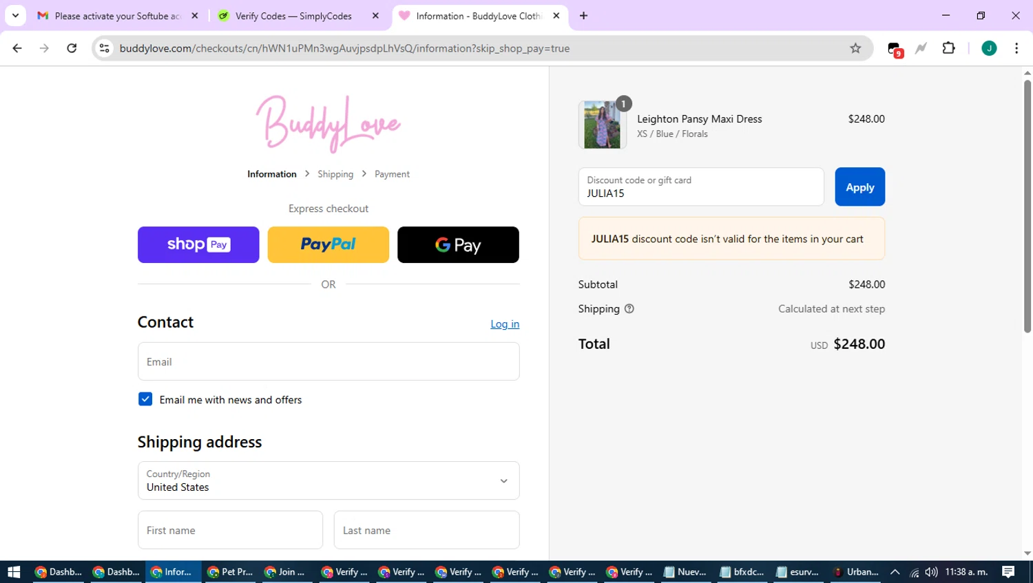 Buddy Love discount code screenshot showing code JULIA15 applied at Buddy Love checkout page. Uploaded by SimplyCodes community member SavvyCurator1770 on Aug 17, 2025