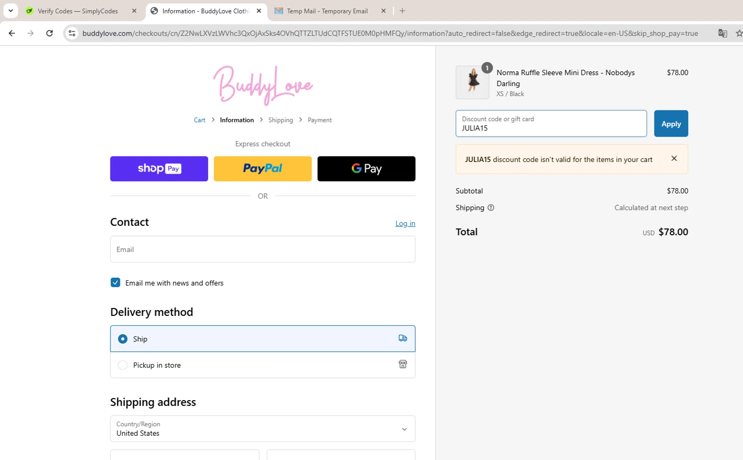 Buddy Love discount code screenshot showing code JULIA15 applied at Buddy Love checkout page. Uploaded by SimplyCodes community member rosiris on Feb 4, 2025