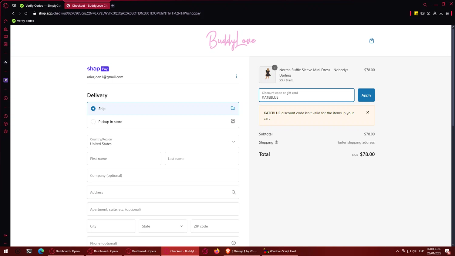 Buddy Love discount code screenshot showing code KATEBLUE applied at Buddy Love checkout page. Uploaded by SimplyCodes community member Chris_bumstead on Jan 28, 2025