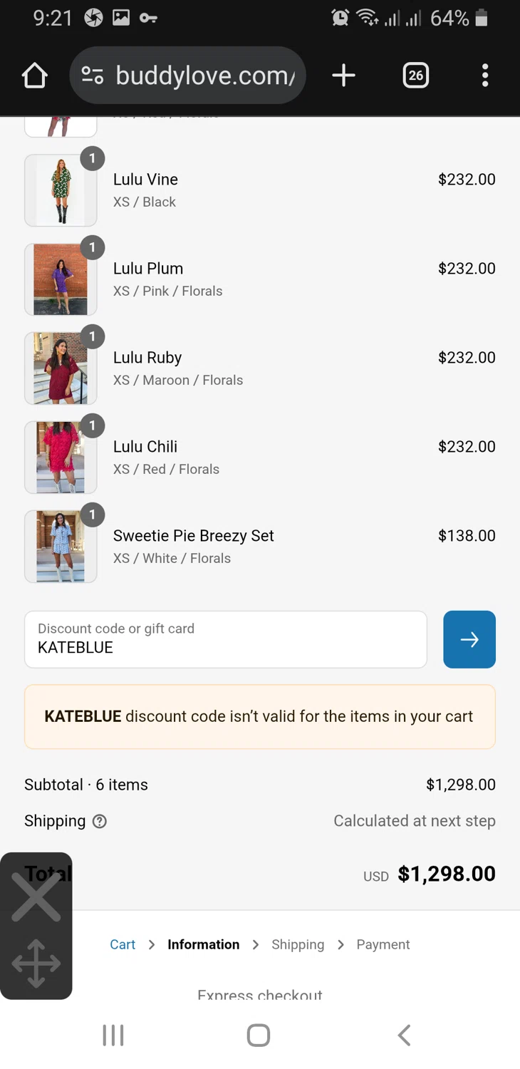 Buddy Love discount code screenshot showing code KATEBLUE applied at Buddy Love checkout page. Uploaded by SimplyCodes community member GloriousFinder136 on Aug 13, 2025