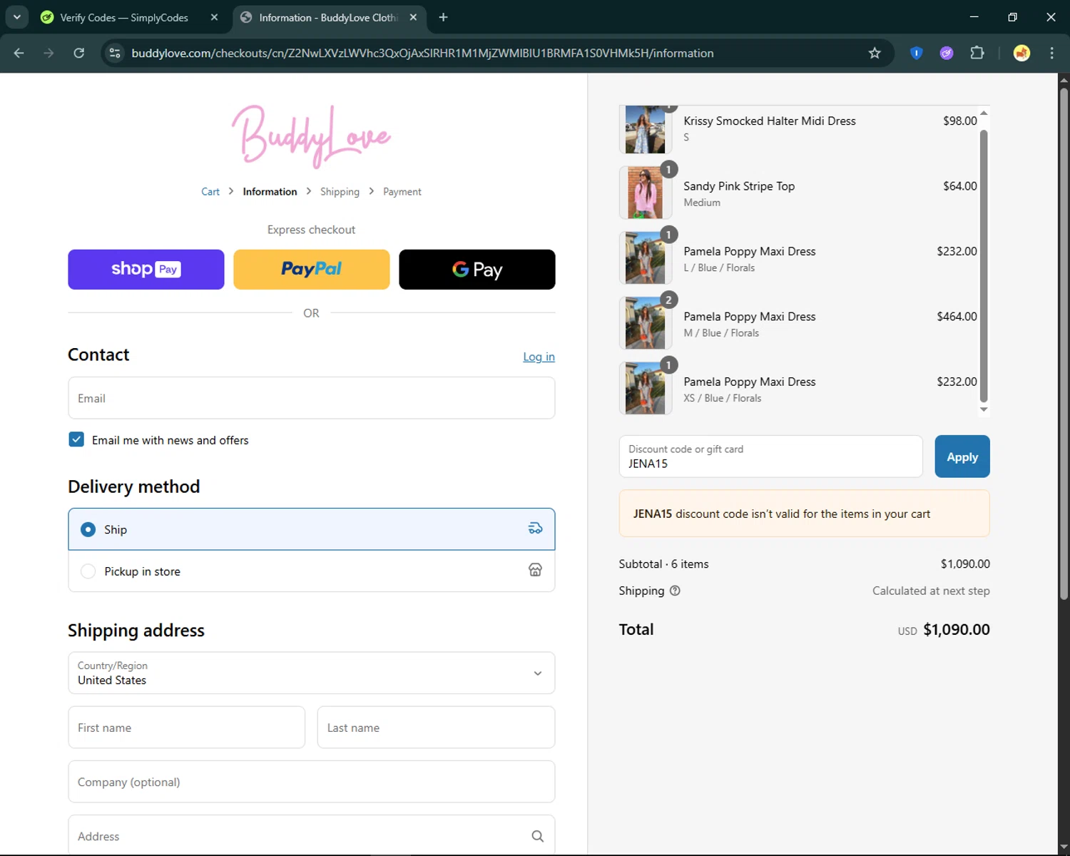 Buddy Love discount code screenshot showing code JENA15 applied at Buddy Love checkout page. Uploaded by SimplyCodes community member SmartFinder4193 on May 5, 2025