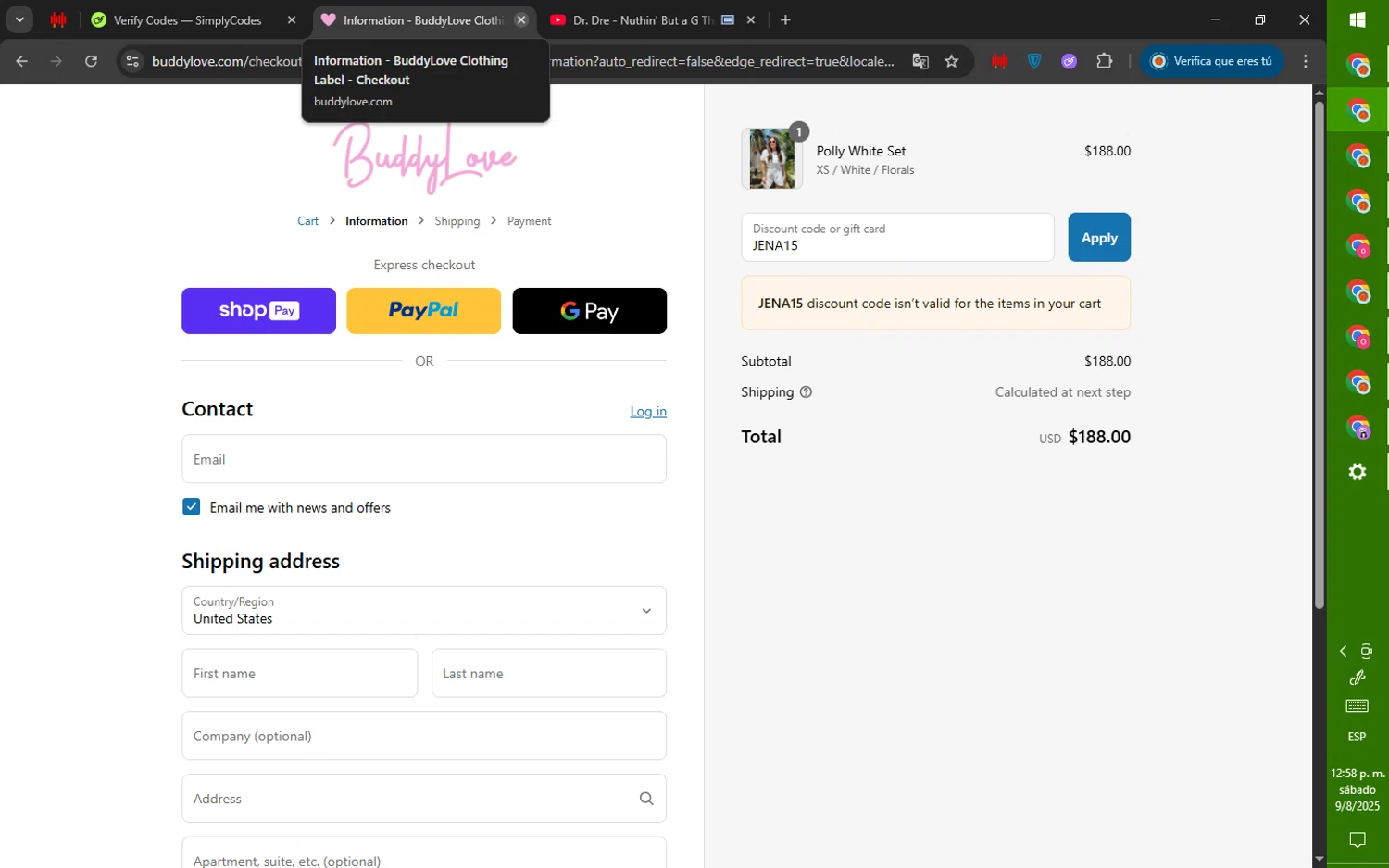 Buddy Love discount code screenshot showing code JENA15 applied at Buddy Love checkout page. Uploaded by SimplyCodes community member ValiantWarden8956 on Aug 9, 2025