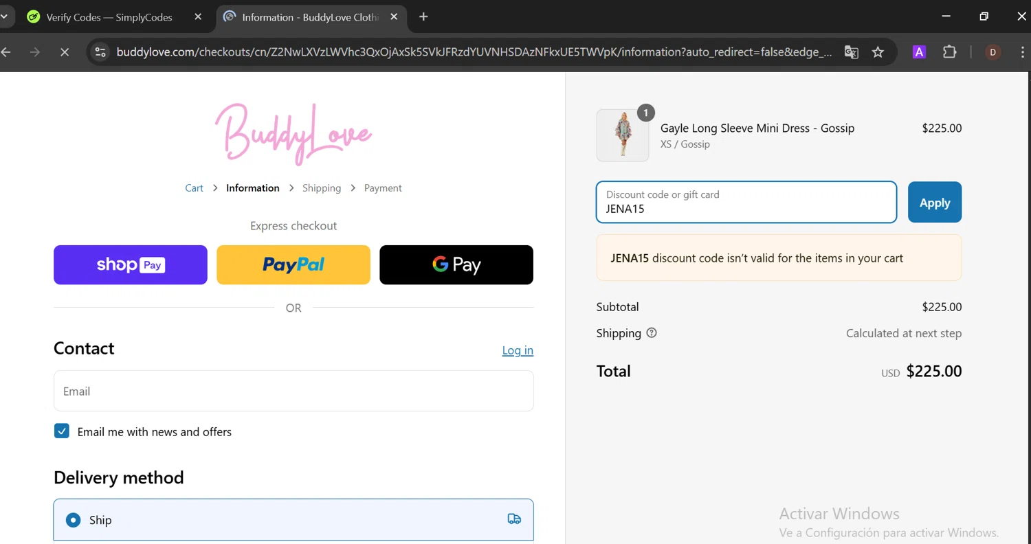 Buddy Love discount code screenshot showing code JENA15 applied at Buddy Love checkout page. Uploaded by SimplyCodes community member PennyCaptain4684 on Mar 7, 2025