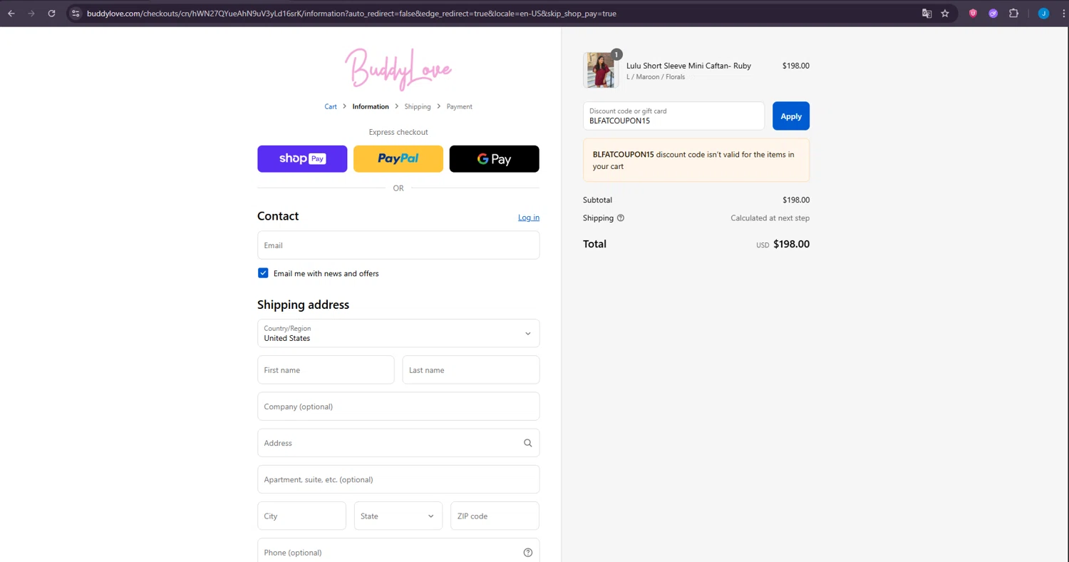 Buddy Love discount code screenshot showing code BLFATCOUPON15 applied at Buddy Love checkout page. Uploaded by SimplyCodes community member LuckyDefender4135 on Aug 23, 2025