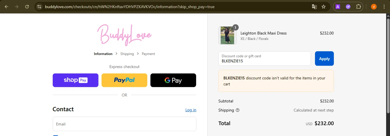 Buddy Love discount code screenshot showing code BLKENZIE15 applied at Buddy Love checkout page. Uploaded by SimplyCodes community member PennyAdmiral6960 on Aug 27, 2025