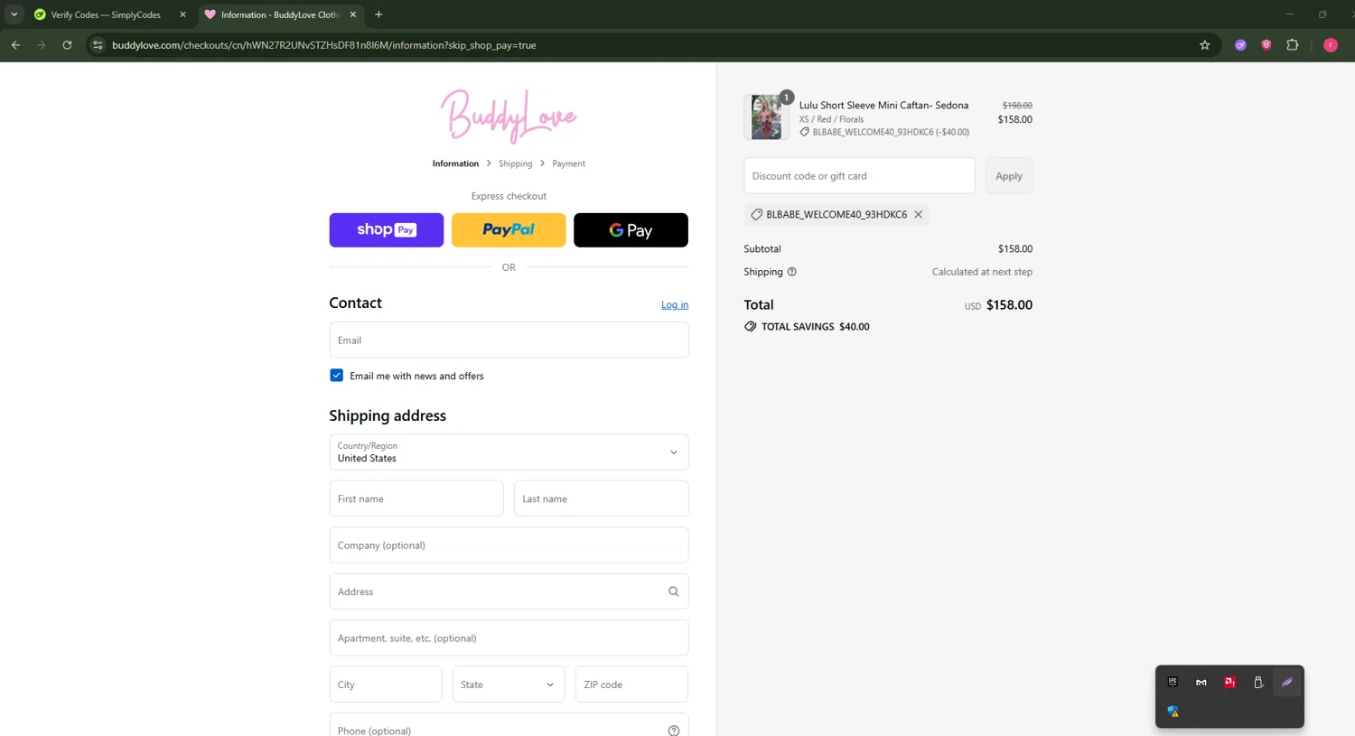 Buddy Love discount code screenshot showing code blbabe_welcome40_93hdkc6 applied at Buddy Love checkout page. Uploaded by SimplyCodes community member CouponSage7331 on Aug 23, 2025