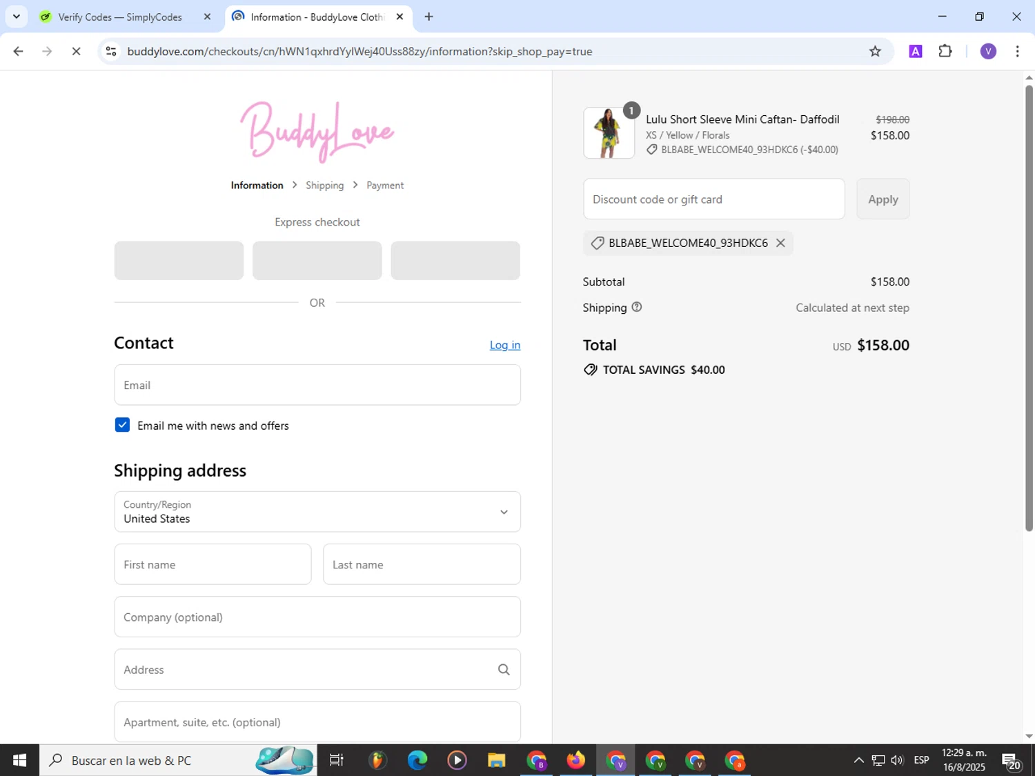 Buddy Love discount code screenshot showing code blbabe_welcome40_93hdkc6 applied at Buddy Love checkout page. Uploaded by SimplyCodes community member Satoru_gojo on Aug 16, 2025
