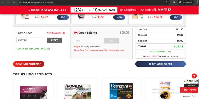 BudgetPetCare.com checkout page showing BudgetPetCare.com promo code box | Screenshot taken by SimplyCodes community member on Aug 8, 2025