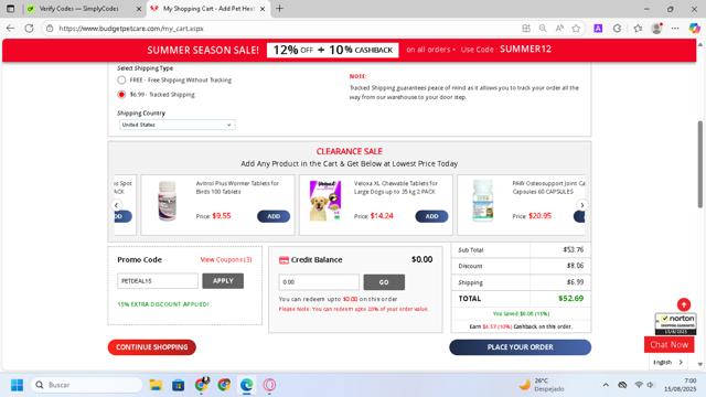BudgetPetCare.com checkout page showing BudgetPetCare.com promo code box | Screenshot taken by SimplyCodes community member on Aug 15, 2025
