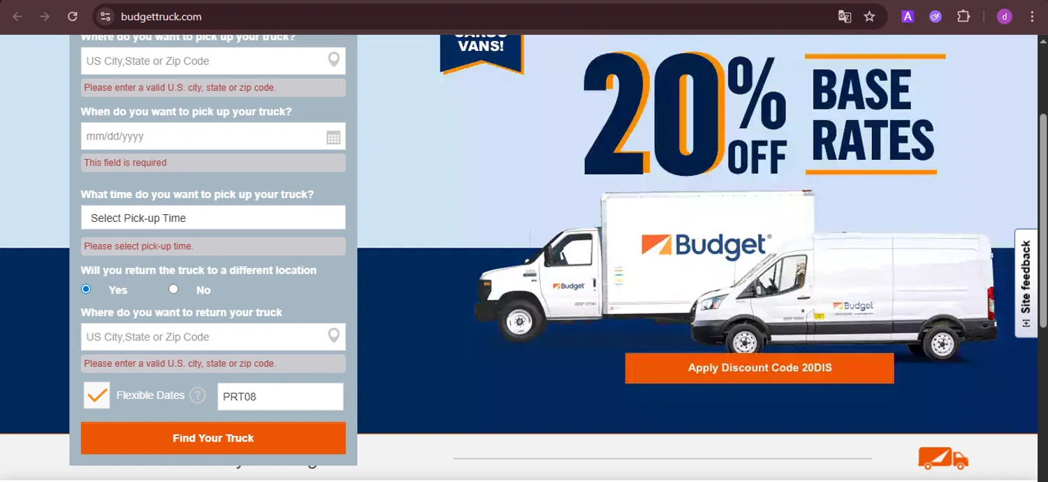 Budget Truck Rental promo code screenshot showing code PRT08 applied at Budget Truck Rental checkout page. Uploaded by SimplyCodes community member PennyTiger4891 on Dec 20, 2025