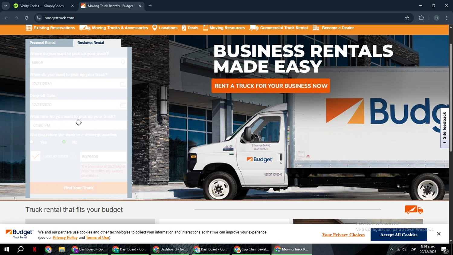 Budget Truck Rental promo code screenshot showing code B079506 applied at Budget Truck Rental checkout page. Uploaded by SimplyCodes community member YAMAHA on Dec 20, 2025