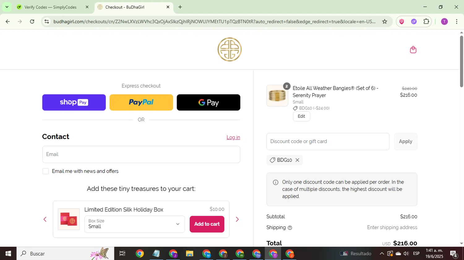 BuDhaGirl discount code screenshot showing code BDG10 applied at BuDhaGirl checkout page. Uploaded by SimplyCodes community member ThriftyCurator4085 on Jun 19, 2025