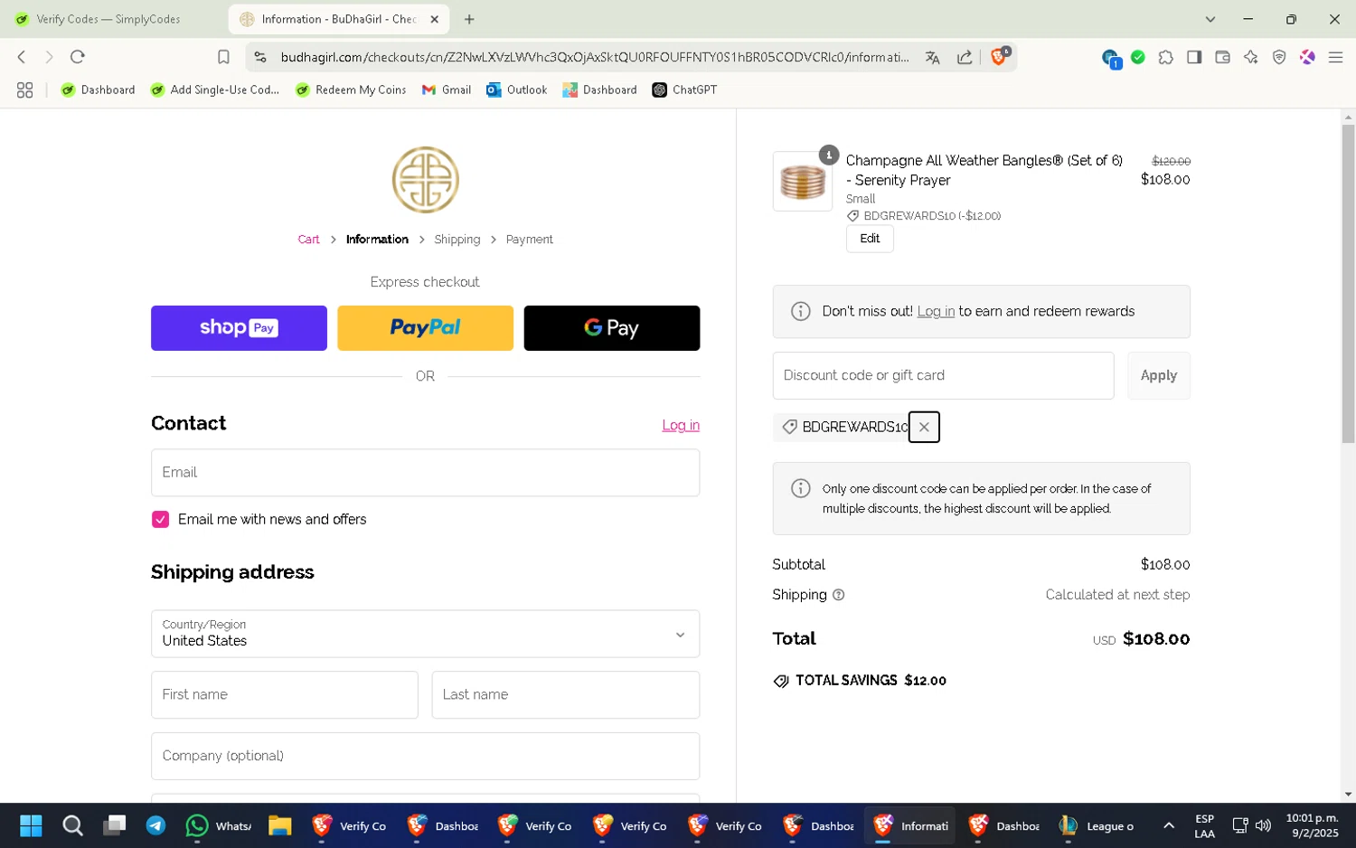 BuDhaGirl discount code screenshot showing code BDGREWARDS10 applied at BuDhaGirl checkout page. Uploaded by SimplyCodes community member CleverKnight6759 on Feb 10, 2025