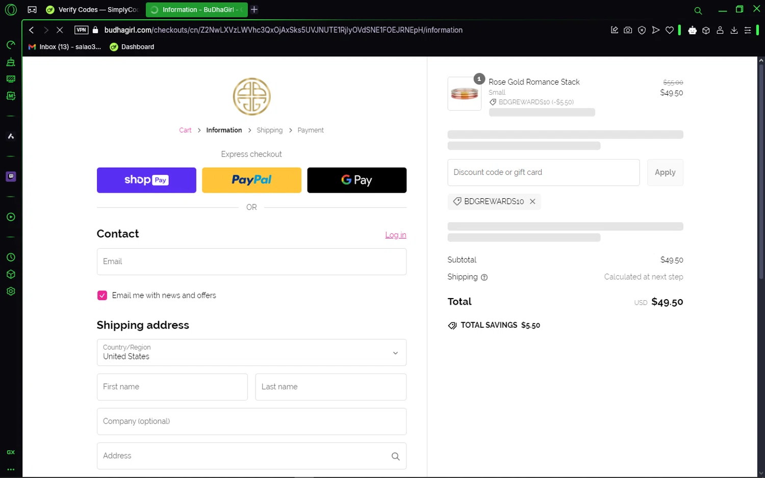 BuDhaGirl discount code screenshot showing code BDGREWARDS10 applied at BuDhaGirl checkout page. Uploaded by SimplyCodes community member LegendaryCaptain2435 on Feb 5, 2025