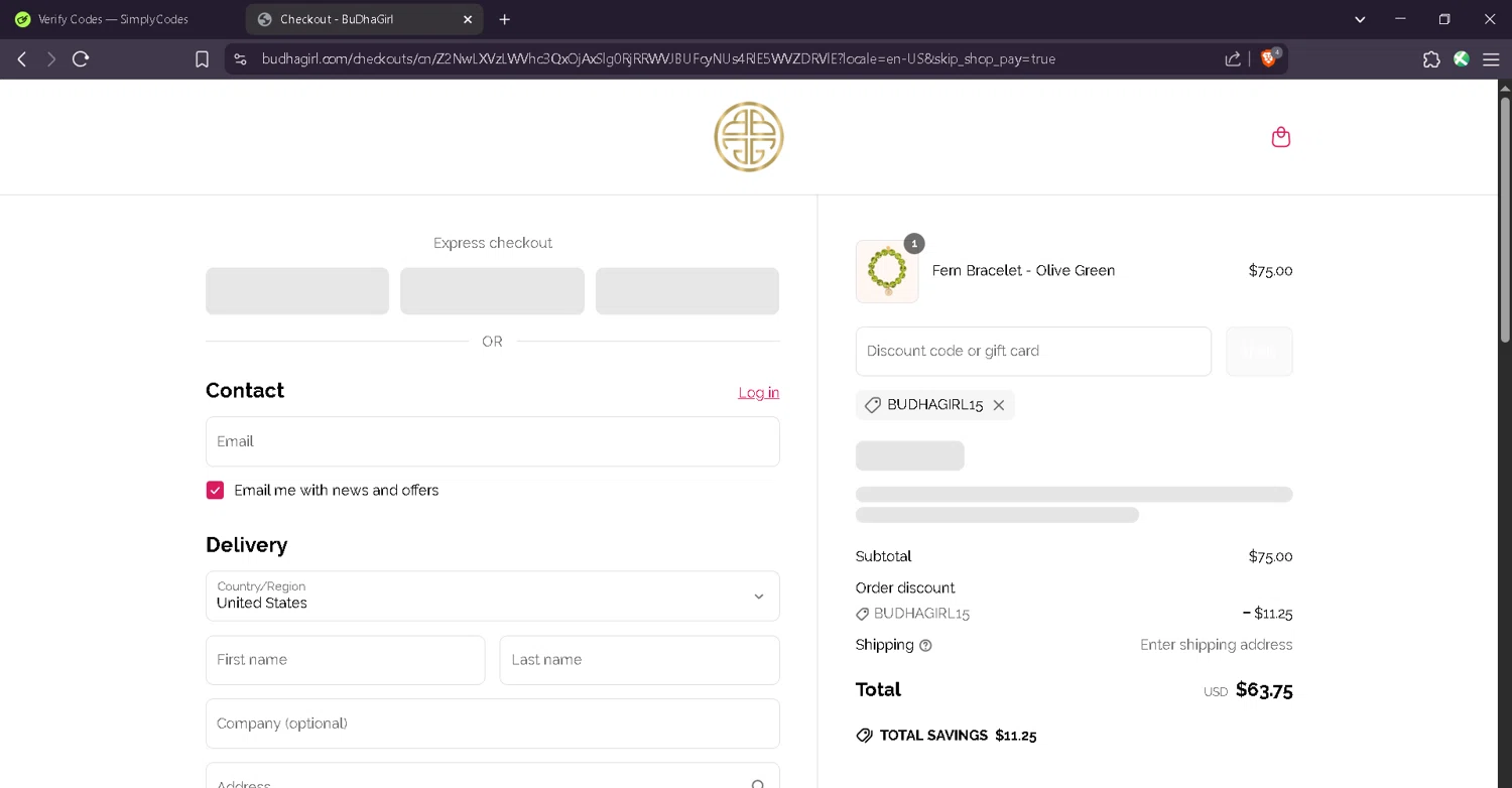 BuDhaGirl discount code screenshot showing code BUDHAGIRL15 applied at BuDhaGirl checkout page. Uploaded by SimplyCodes community member Estefani4 on Jun 7, 2025