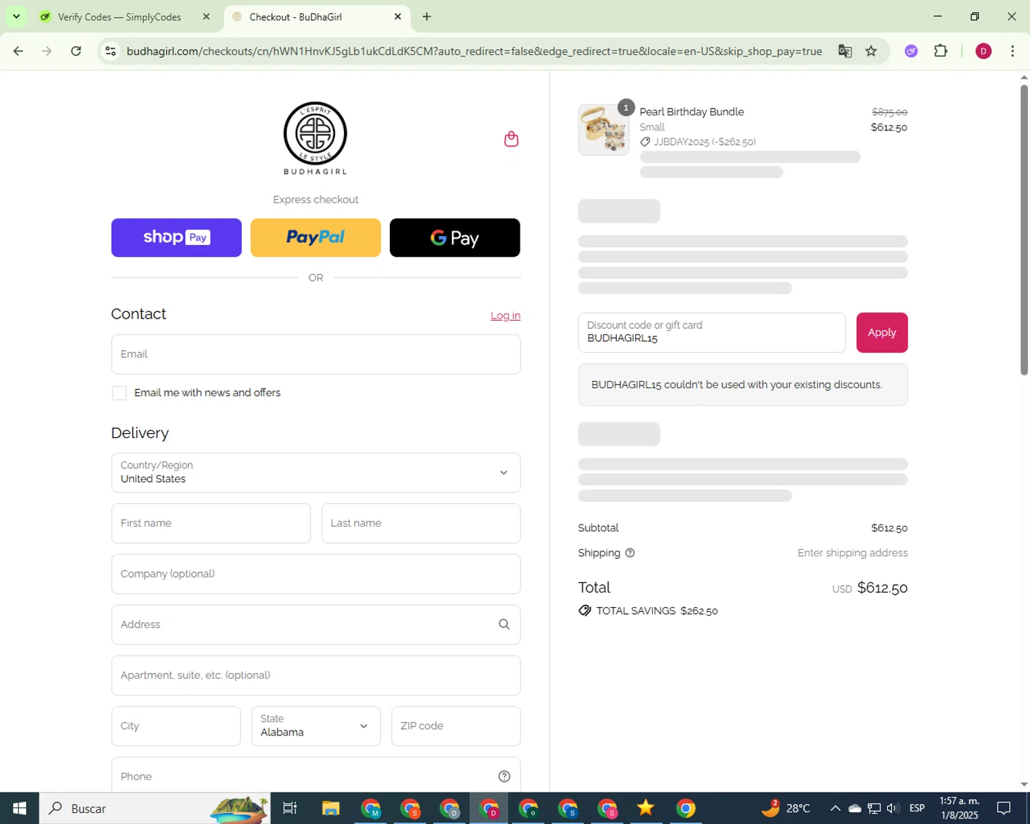BuDhaGirl discount code screenshot showing code BUDHAGIRL15 applied at BuDhaGirl checkout page. Uploaded by SimplyCodes community member PrimeNavigator9023 on Aug 1, 2025