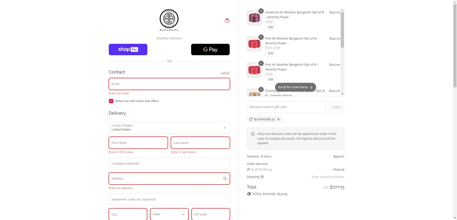 BuDhaGirl discount code screenshot showing code BUDHAGIRL15 applied at BuDhaGirl checkout page. Uploaded by SimplyCodes community member SilverChaser3269 on Aug 4, 2025