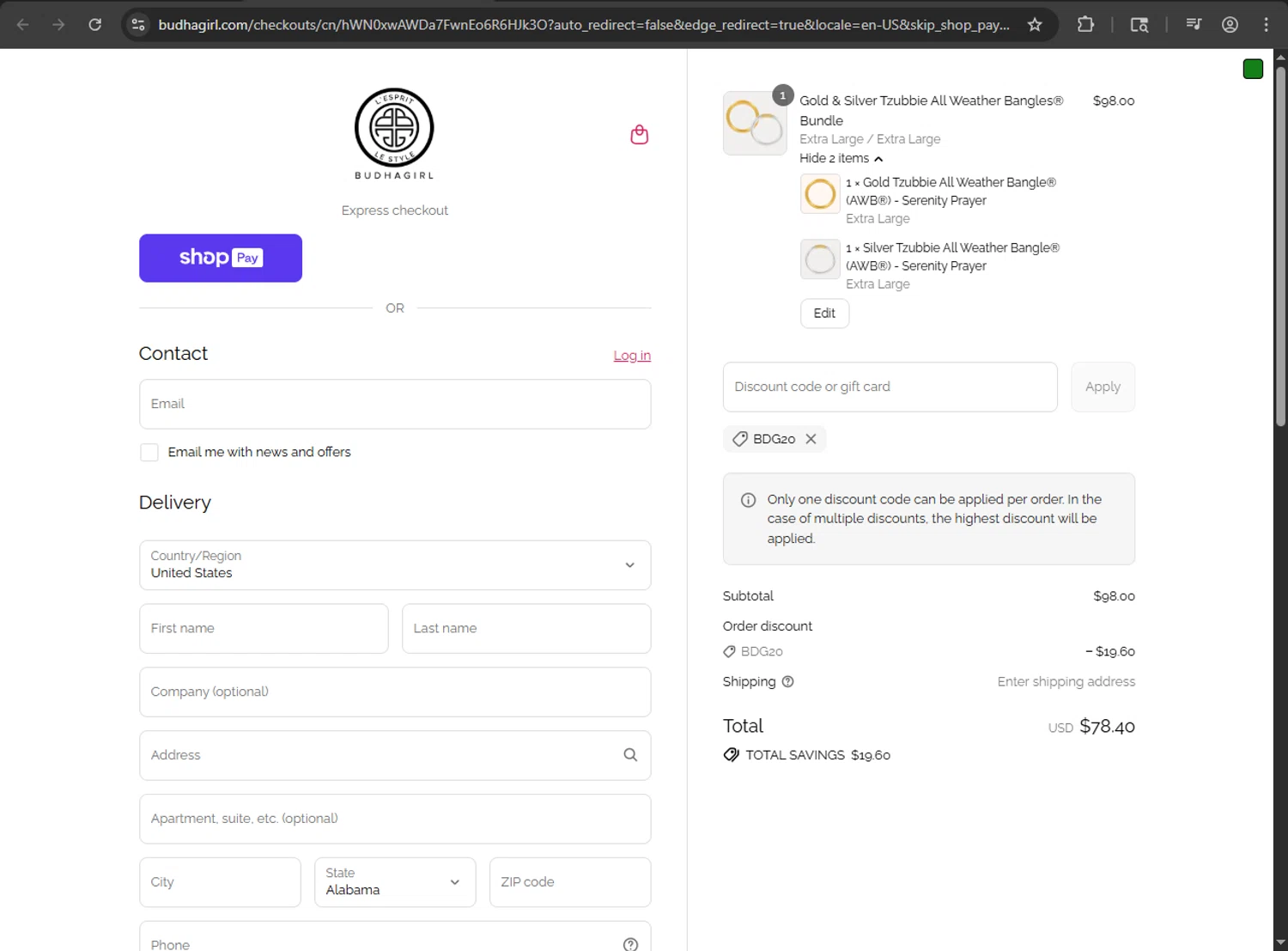 BuDhaGirl discount code screenshot showing code BDG20 applied at BuDhaGirl checkout page. Uploaded by SimplyCodes community member THEROCKs on Jul 23, 2025