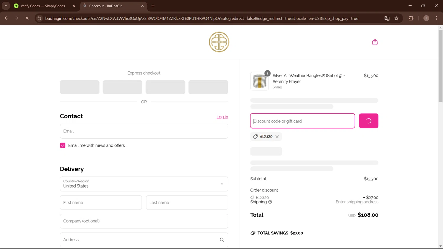 BuDhaGirl discount code screenshot showing code BDG20 applied at BuDhaGirl checkout page. Uploaded by SimplyCodes community member WisePro3955 on Mar 21, 2025