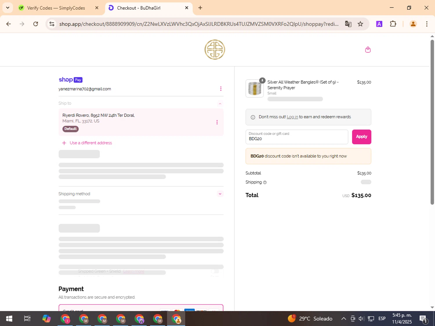 BuDhaGirl discount code screenshot showing code BDG20 applied at BuDhaGirl checkout page. Uploaded by SimplyCodes community member TreasurePro466 on Apr 11, 2025