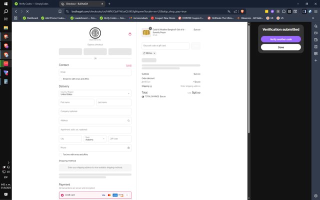 BuDhaGirl checkout page showing BuDhaGirl discount code box | Screenshot taken by SimplyCodes community member on Aug 31, 2025
