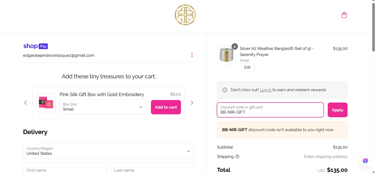 BuDhaGirl discount code screenshot showing code BB-NIR-GIFT applied at BuDhaGirl checkout page. Uploaded by SimplyCodes community member TALLER1 on Apr 7, 2025