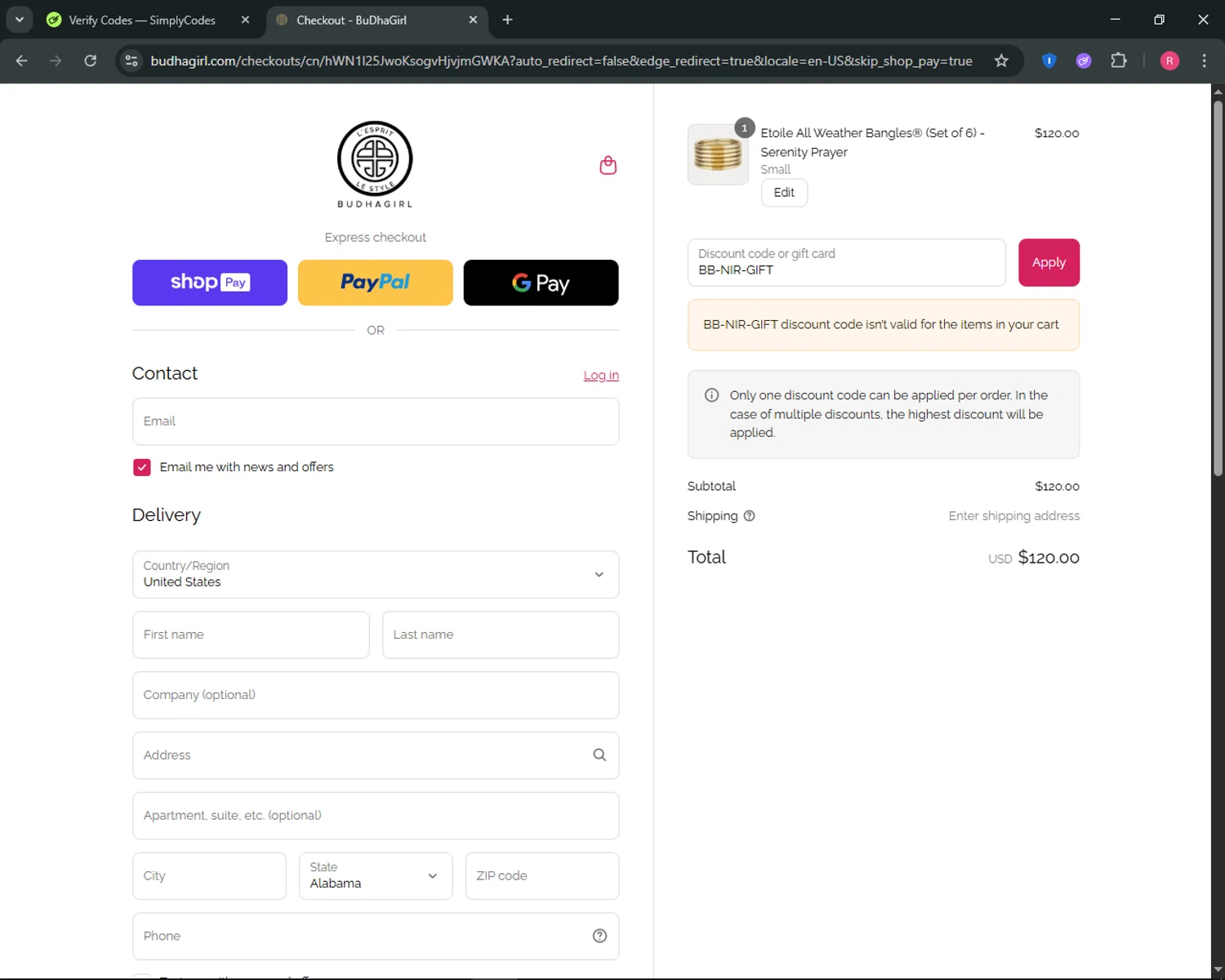 BuDhaGirl discount code screenshot showing code BB-NIR-GIFT applied at BuDhaGirl checkout page. Uploaded by SimplyCodes community member ThriftyGuardian8485 on Aug 13, 2025